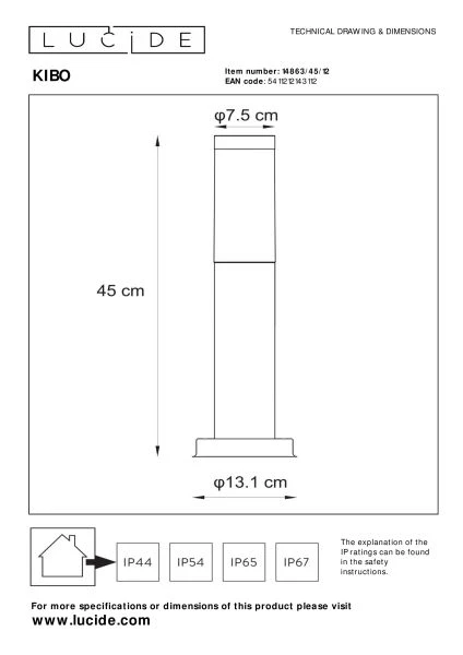 Lucide KIBO - Bollard light Outdoor - 1xE27 - IP44 - Satin Chrome - technical